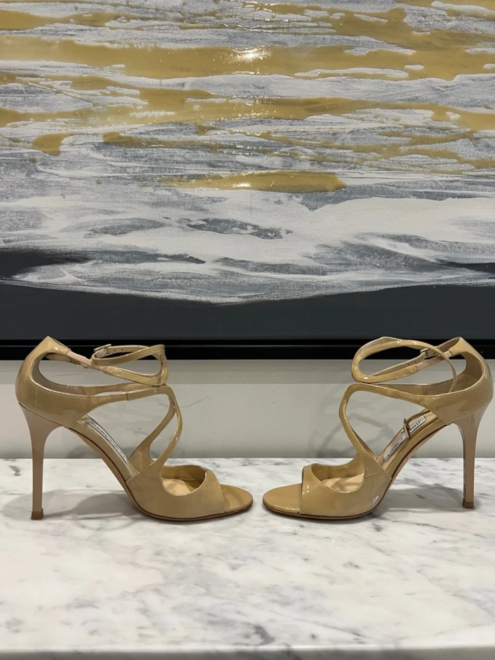 Jimmy Choo Beige Patent Leather Strappy High-Heel Sandals - Picture 9 of 10